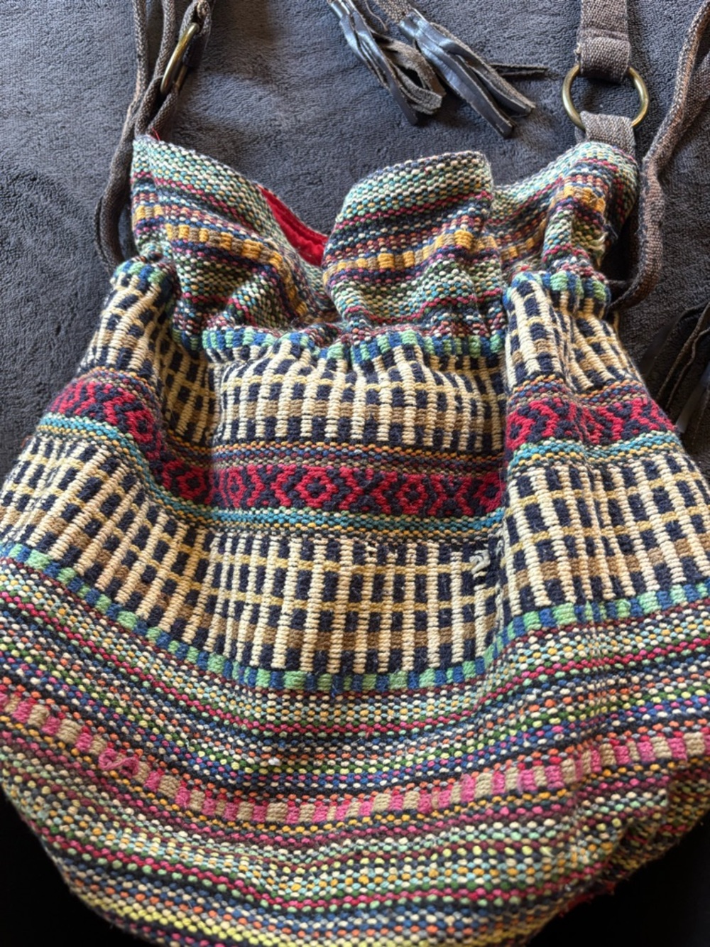 World Market Woven Bucket Bag, Distressed Boho Purse, Crochet Crossbody, Hobo - Picture 5 of 14